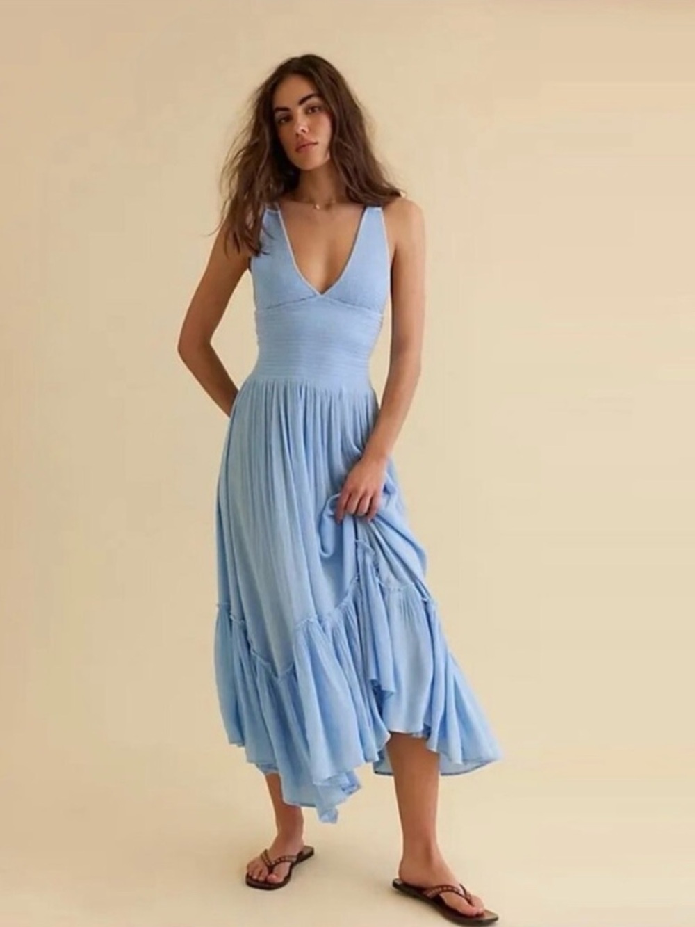 Free People Sky Blue V-Neck Midi Dress